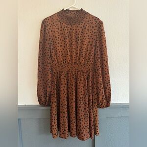Brown Cheetah Print Mini Dress Size L Smocked Waist Tiered Boho